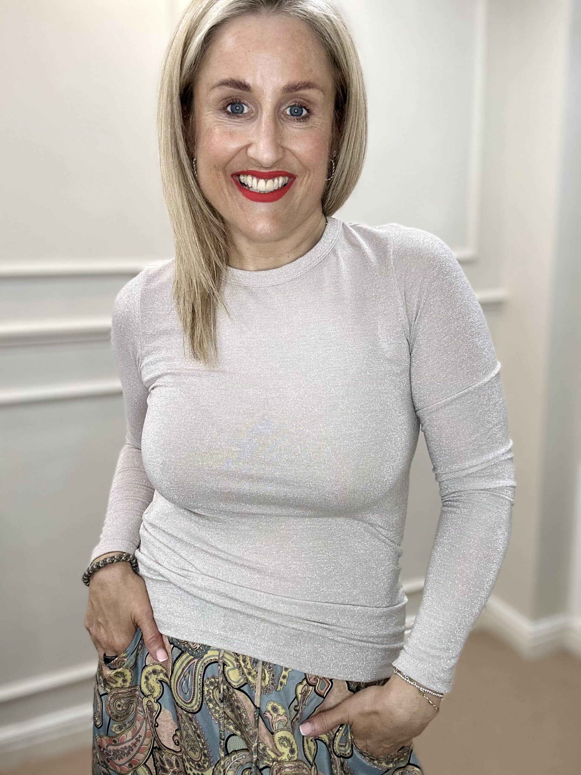 Faye Lurex Long-Sleeved Top, Pearl Silver colour image 0