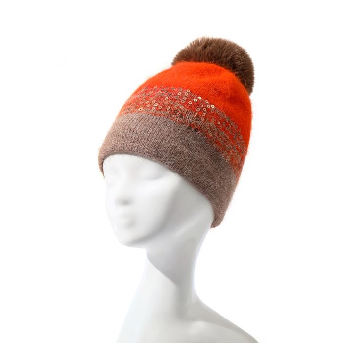 Pompom Hat, Orange & Tan image 1