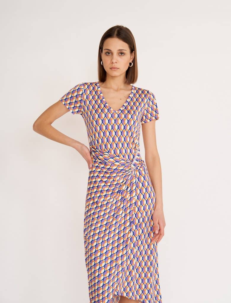 Antonella Wrap Effect Midi Dress, Mosaic in Purple and Orange print image 0