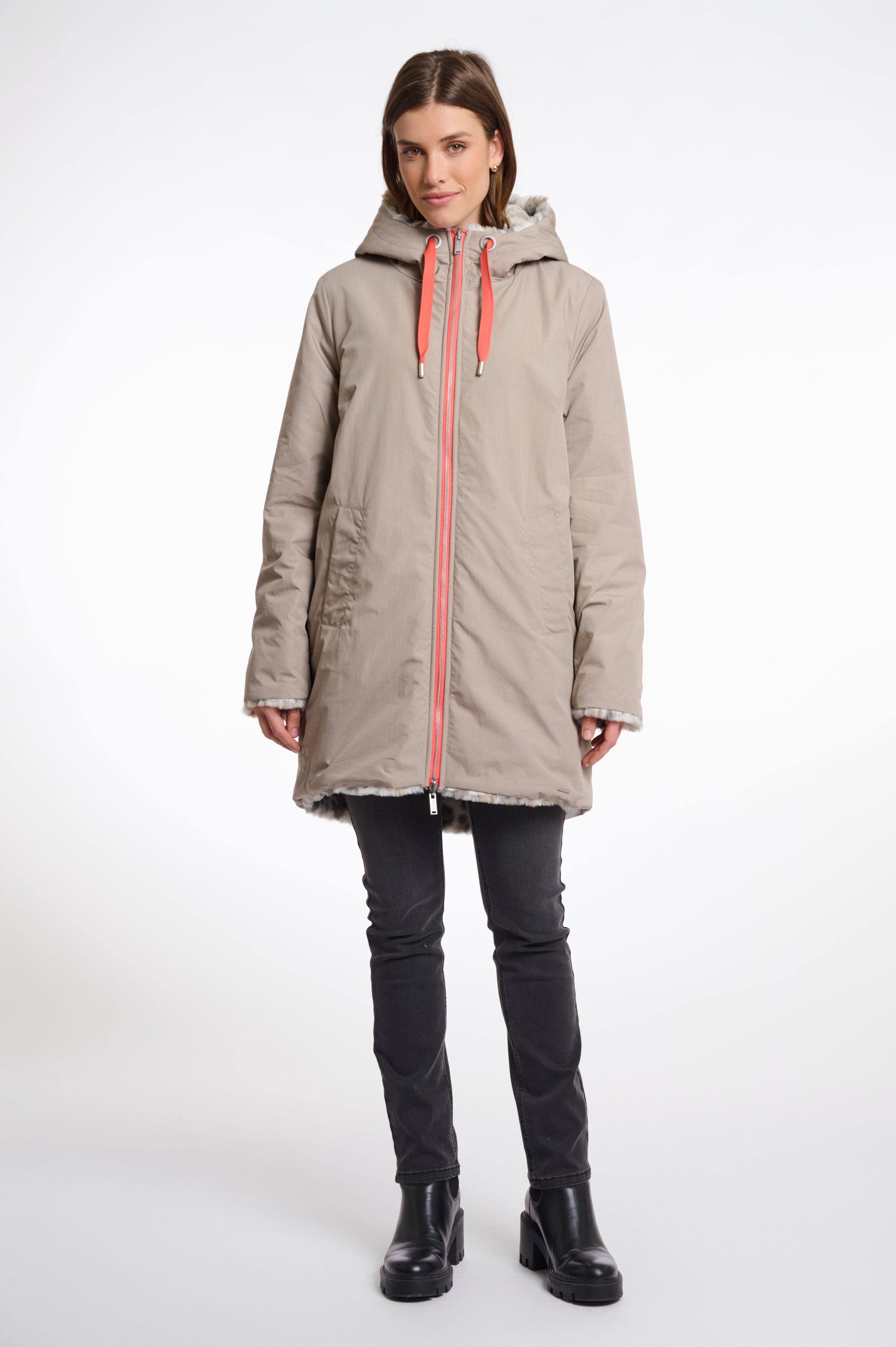 Javin Reversible Hooded Coat with Faux Fur Lining, Light Pebble and Leopard image 0