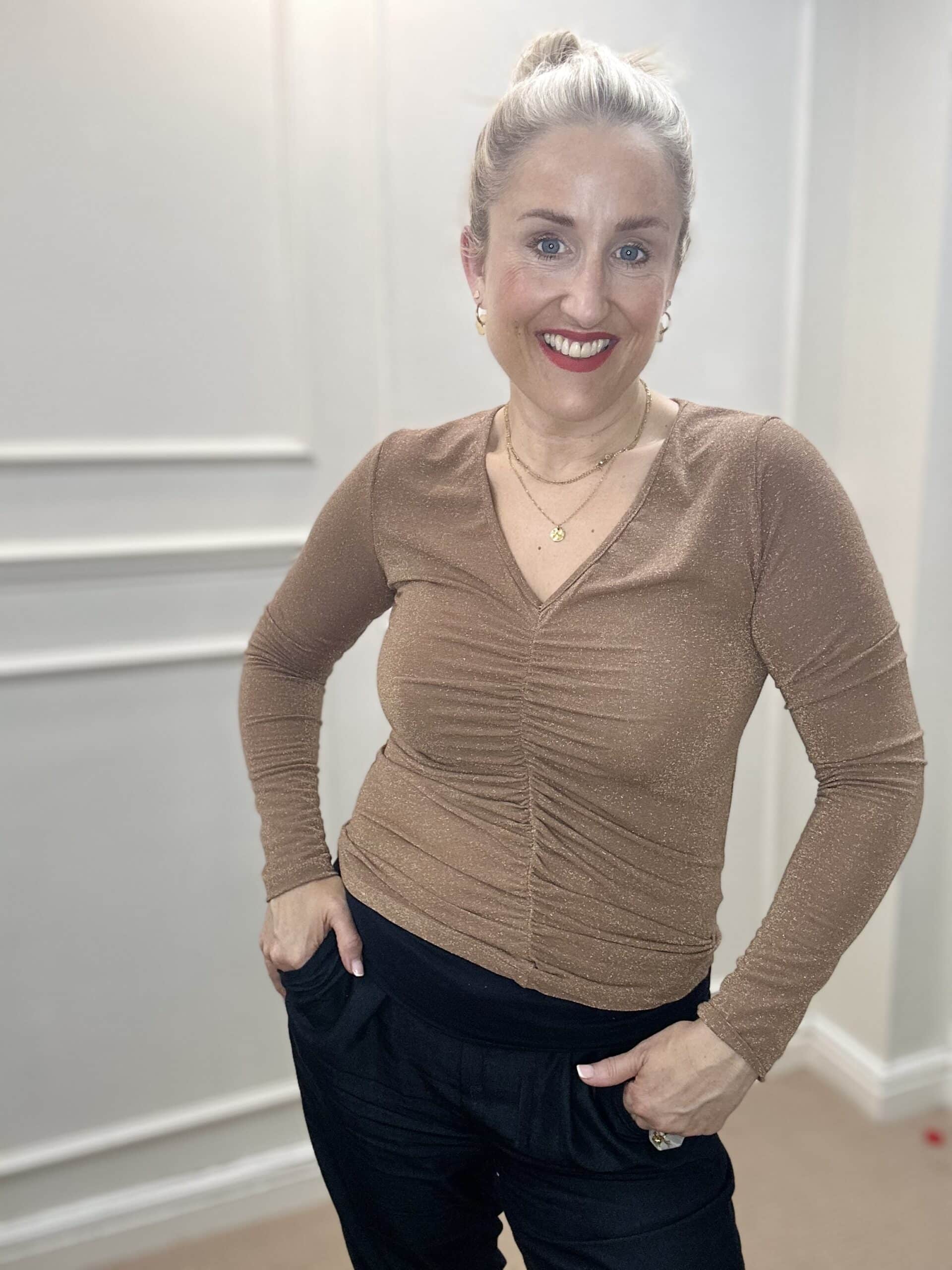 Faye Lurex V-neck Blouse, Gold colour image 1
