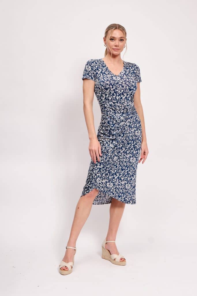 Antonella Wrap Effect Midi Dress, Aztec Floral in Navy print image 2