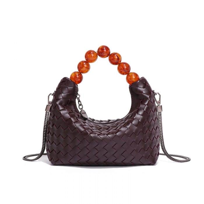 Woven Tote Bag with Beaded Handle, Burgundy image 0