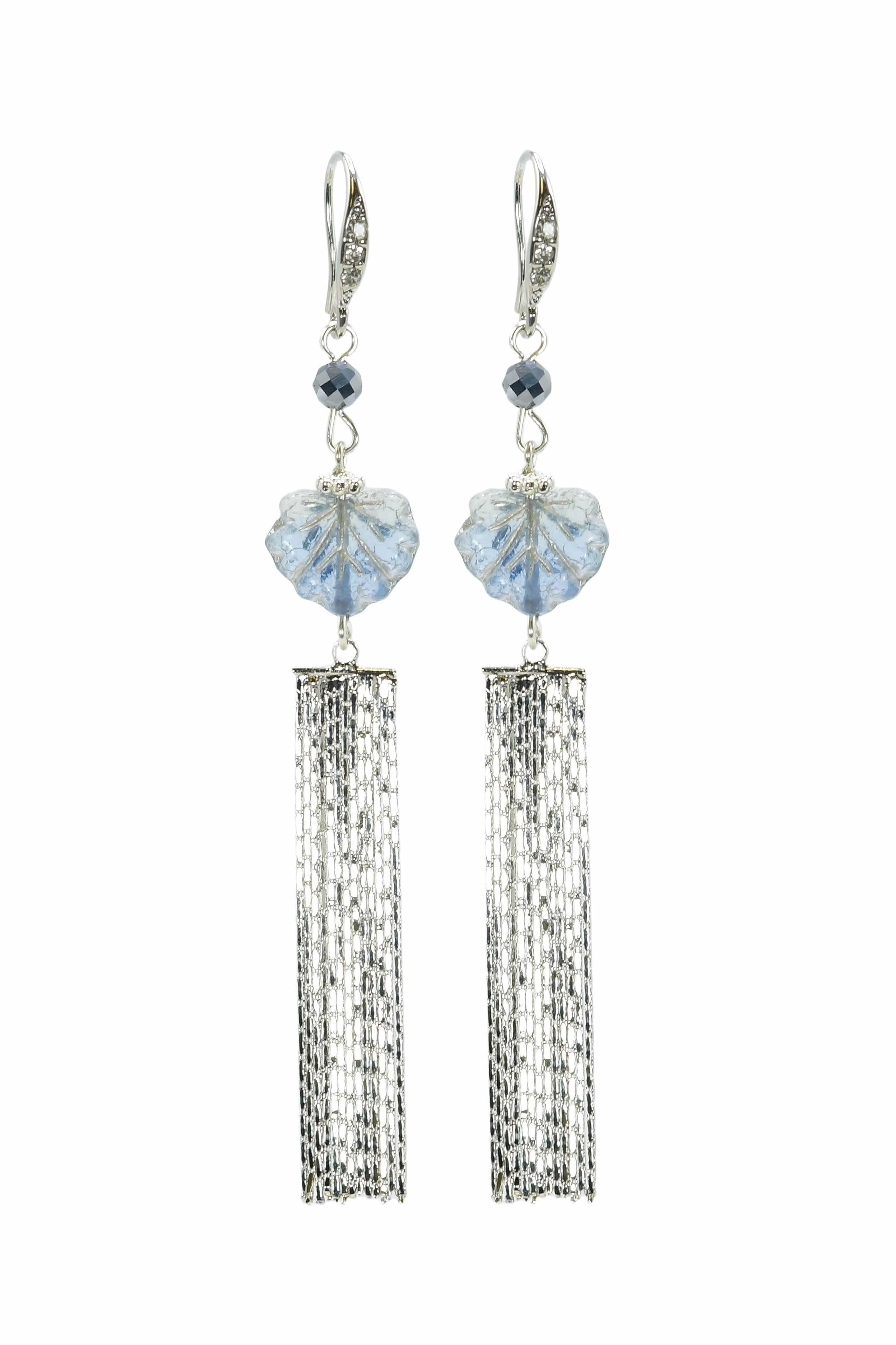 Silver Hematite Gemstone Maple Leaf Tassel Earrings image 0