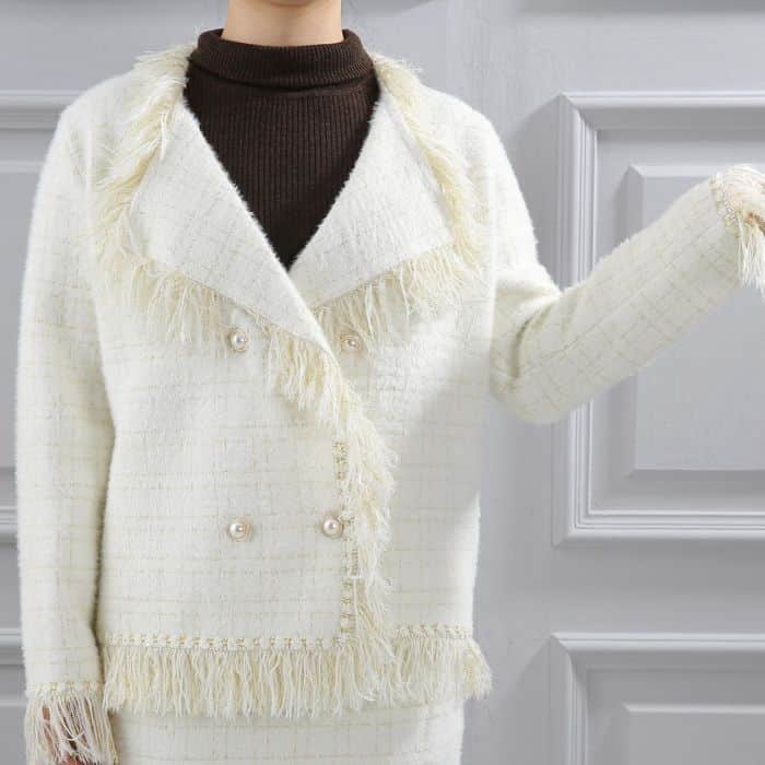 Classic Tweed Fringed Cardigan, Ivory image 3