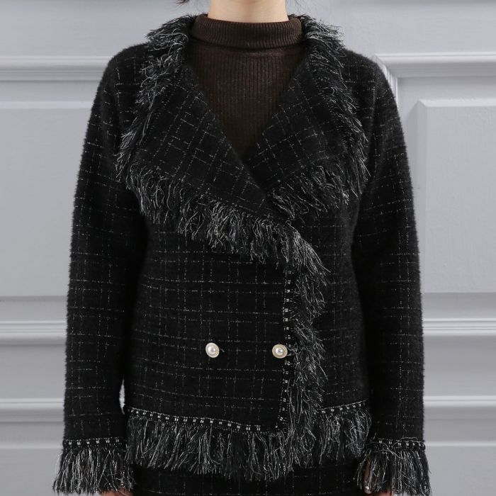Classic Tweed Fringed Cardigan, Black image 4