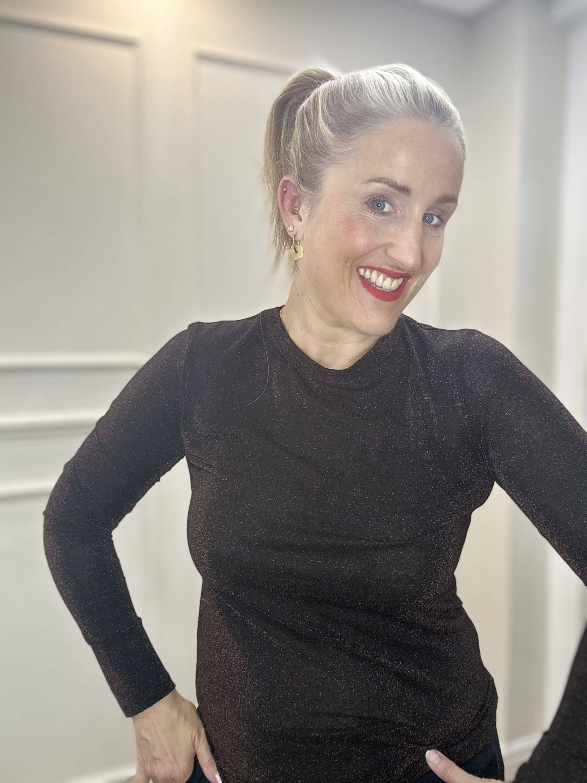 Faye Lurex Long-Sleeved Top, Black Coffee colour image 1