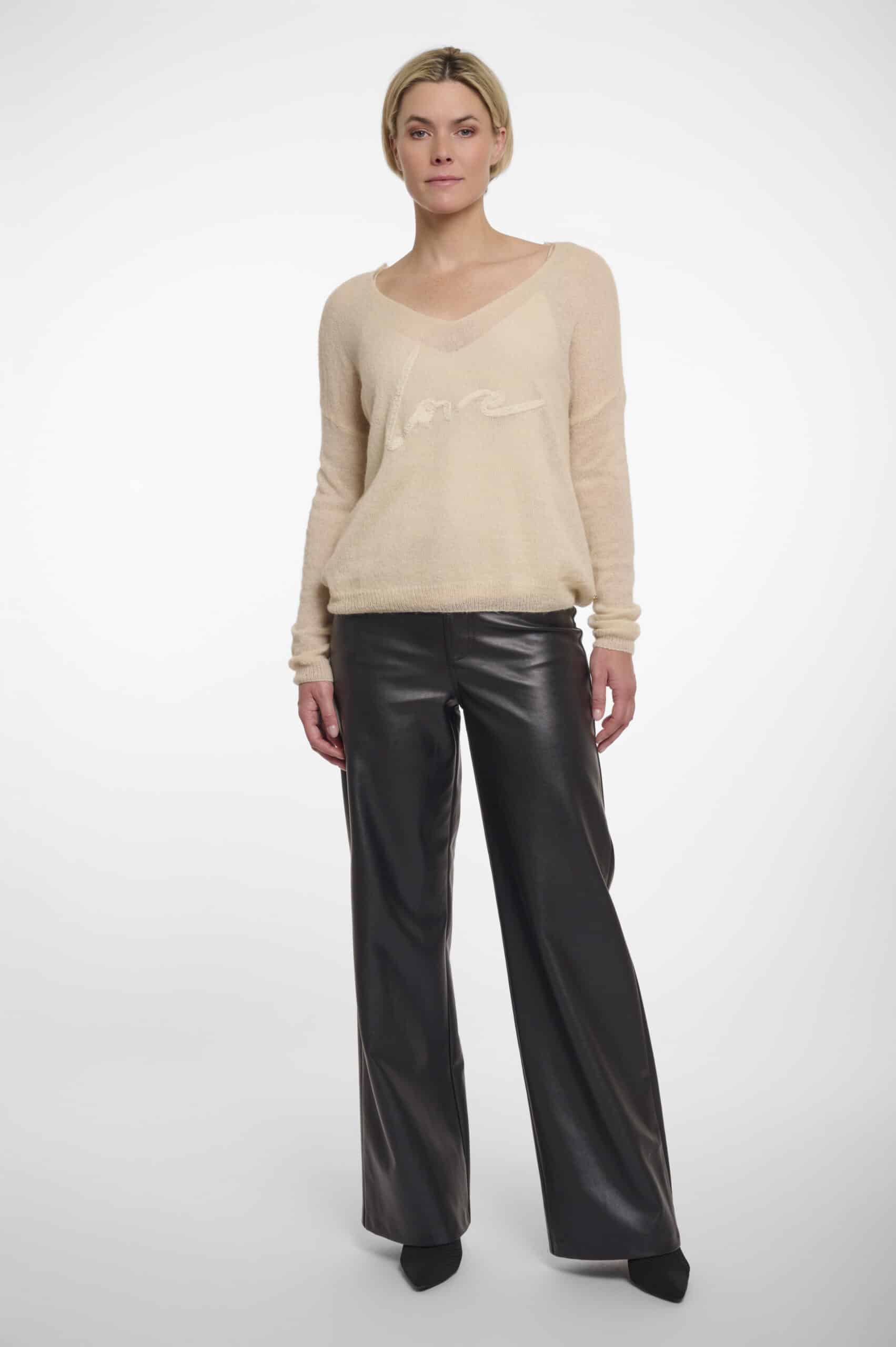 V-Neck 'Love' Embroidered Top, Cream image 3