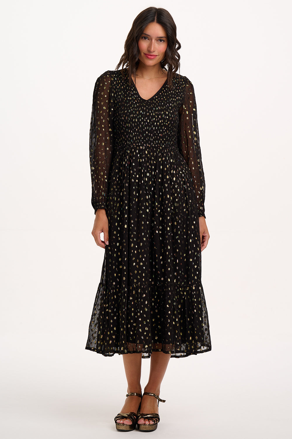 Jacqueline Shirred Midi Dress, Black, Metallic Spot image 0