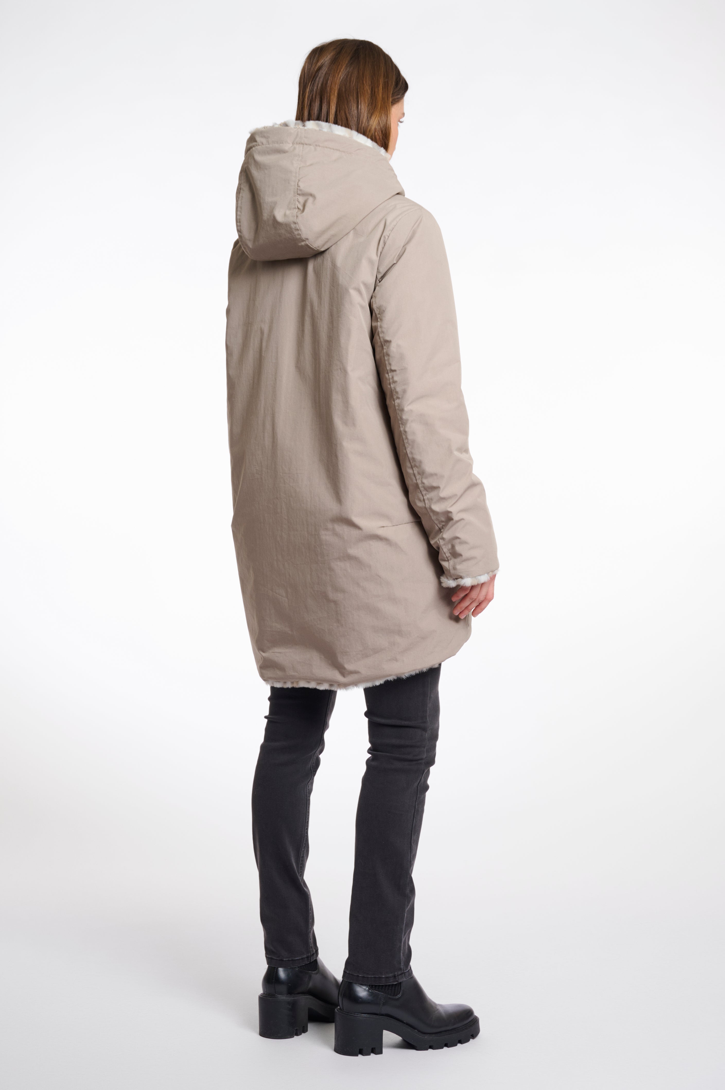 Javin Reversible Hooded Coat with Faux Fur Lining, Light Pebble and Leopard image 4