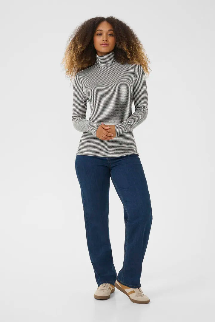 Amma Long Sleeve Rollneck Tee Shirt, Black and White Stripe image 2