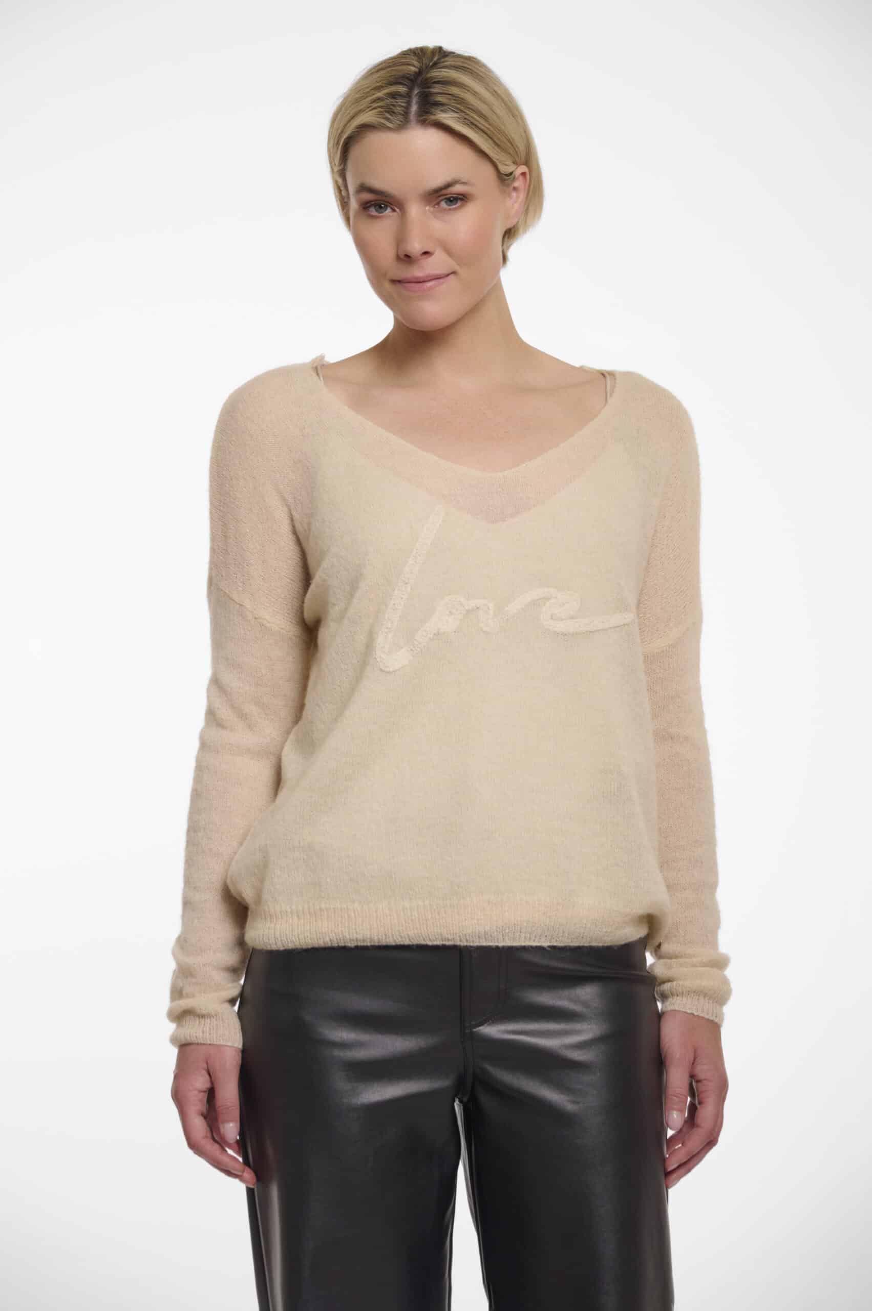 V-Neck 'Love' Embroidered Top, Cream image 0