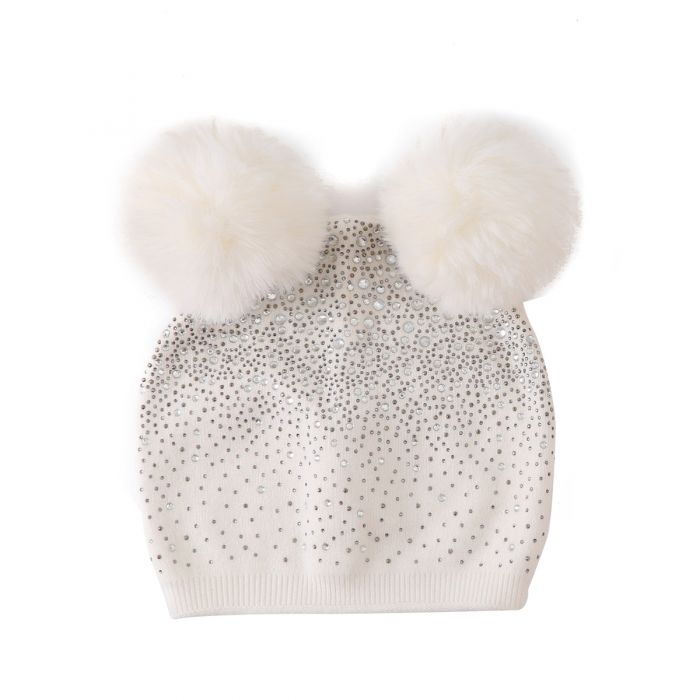 Sequin Double Pompom Hat, Cream image 0