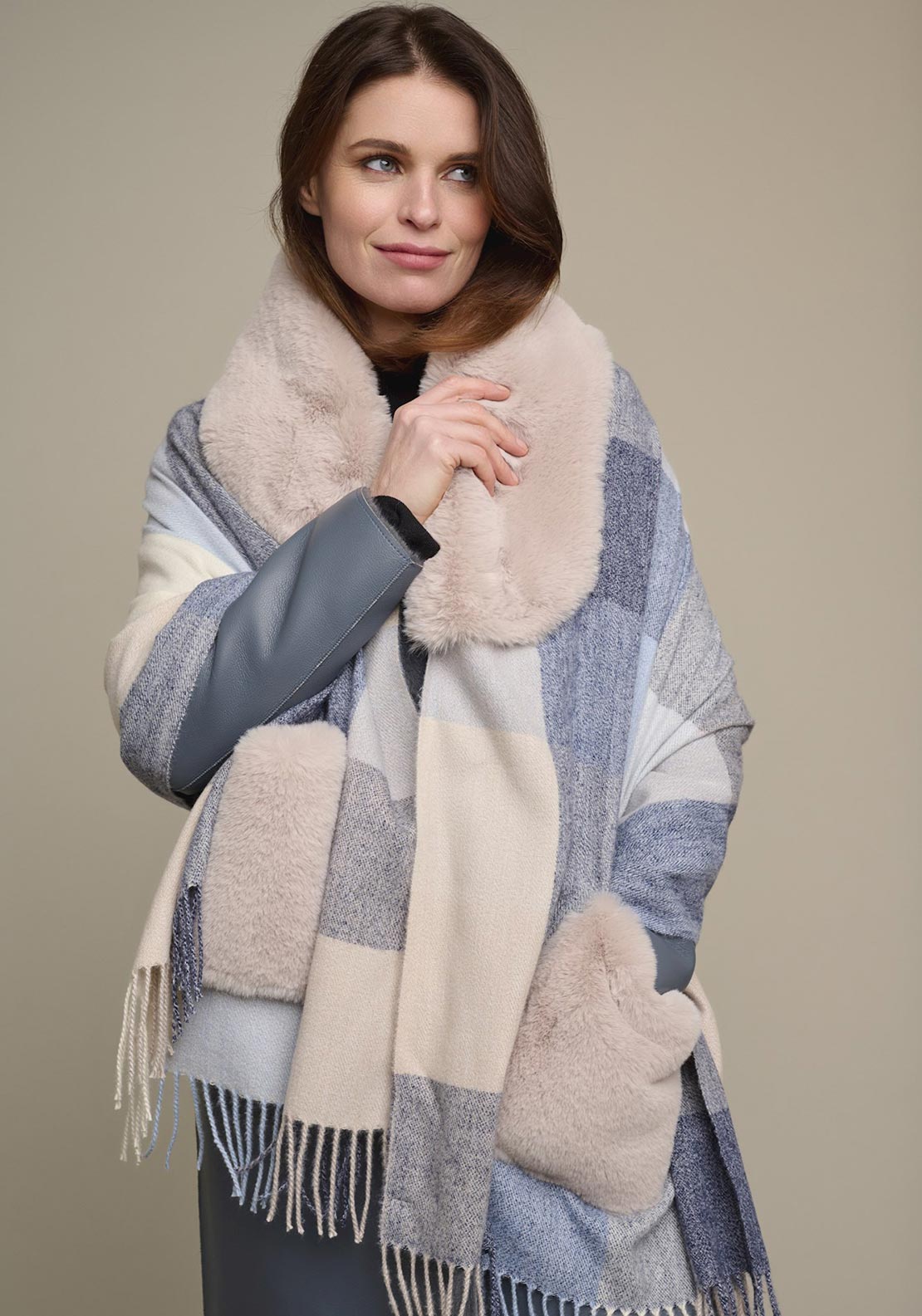 Apollo Faux Fur Trim Poncho, Navy image 0