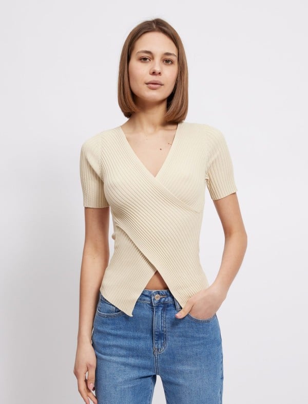Harper Ribbed Wrap Top, Beige image 0