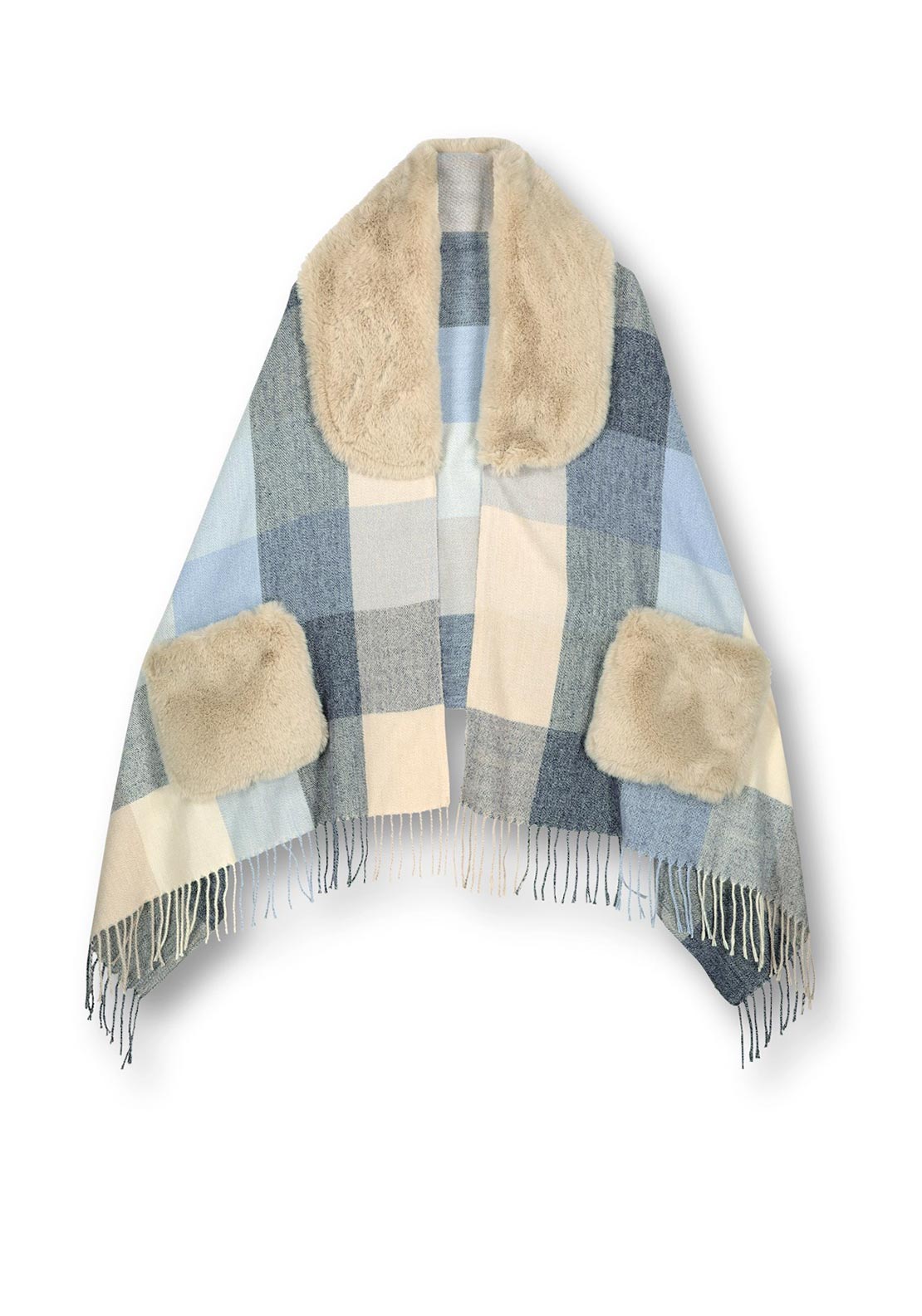 Apollo Faux Fur Trim Poncho, Navy image 1