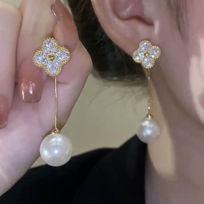 Four Petals Earrings with Pearl Drops, Silver image 3