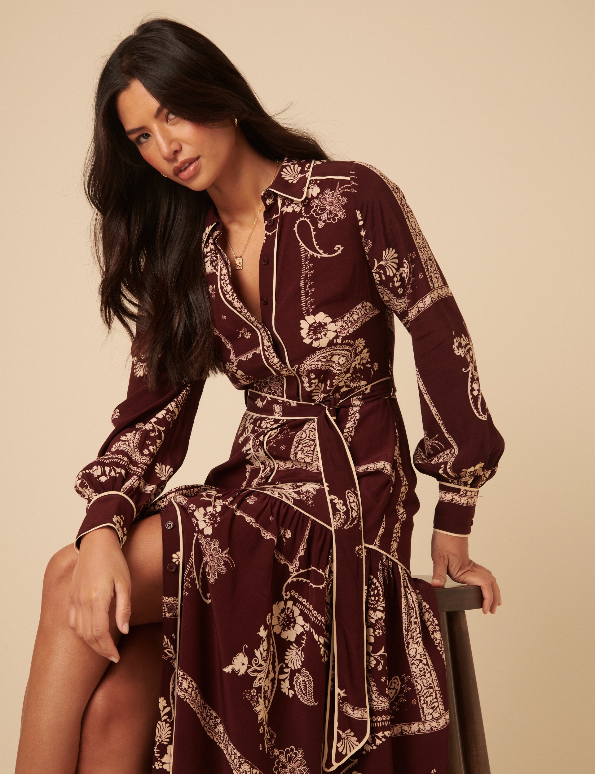Brooklyn Midi Shirt Dress, Burgundy Print image 3