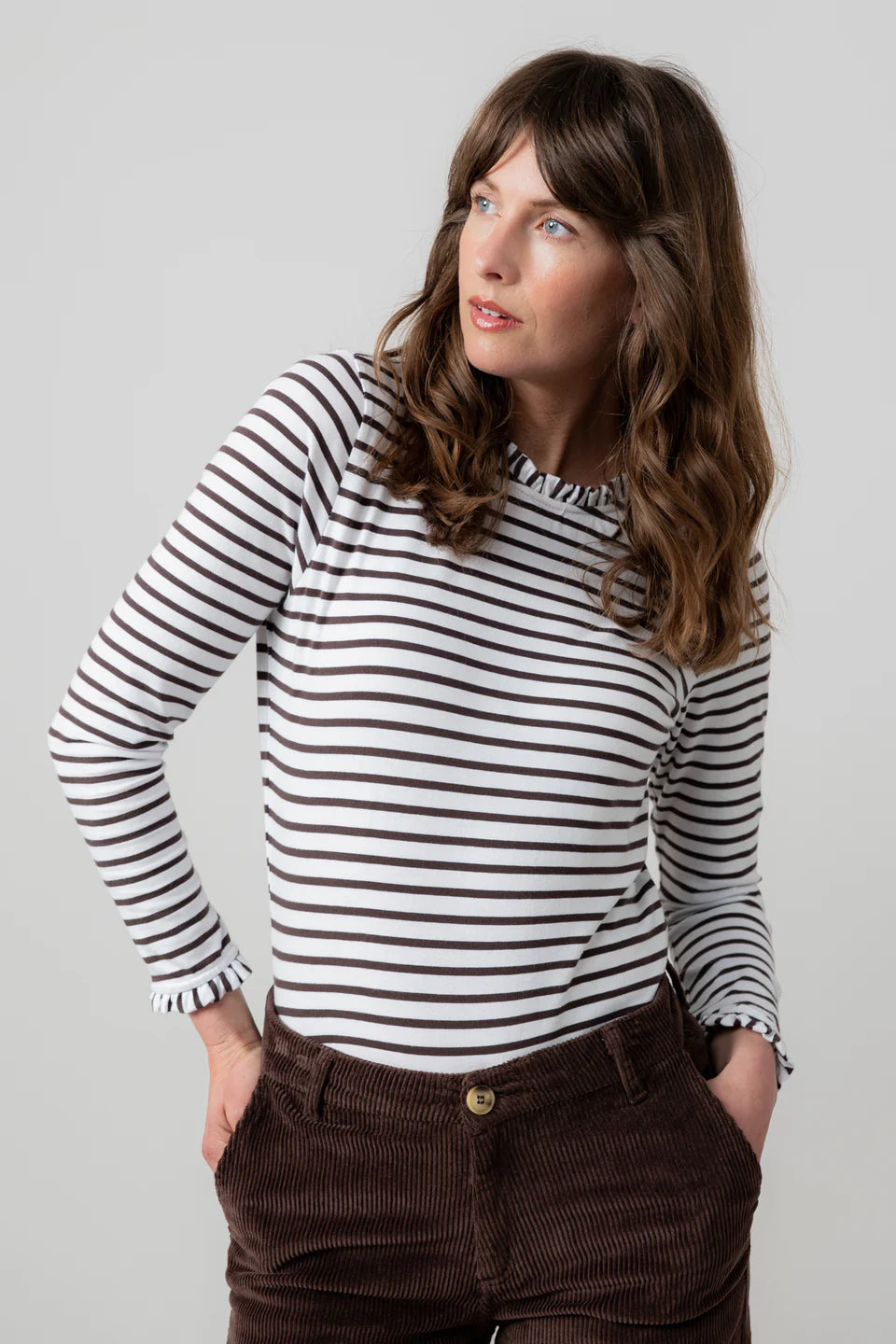 Marnie Frill Neck Striped Top, Chocolate image 0