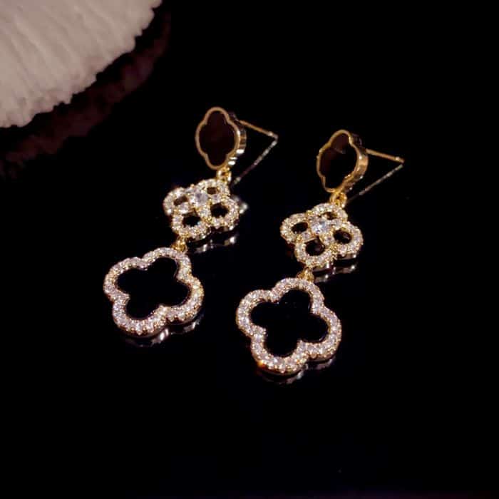 Four Petals Crystal-Edged Jewelled Earrings, Black image 2