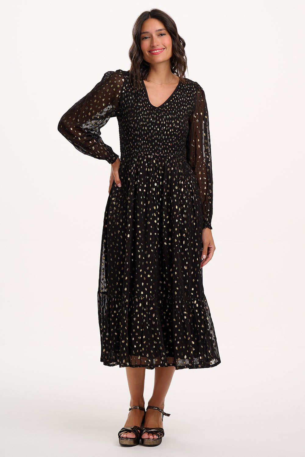 Jacqueline Shirred Midi Dress, Black, Metallic Spot image 2