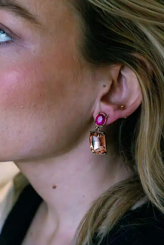 Oval Twin Gem Post Earring, Orange & Pink image 1