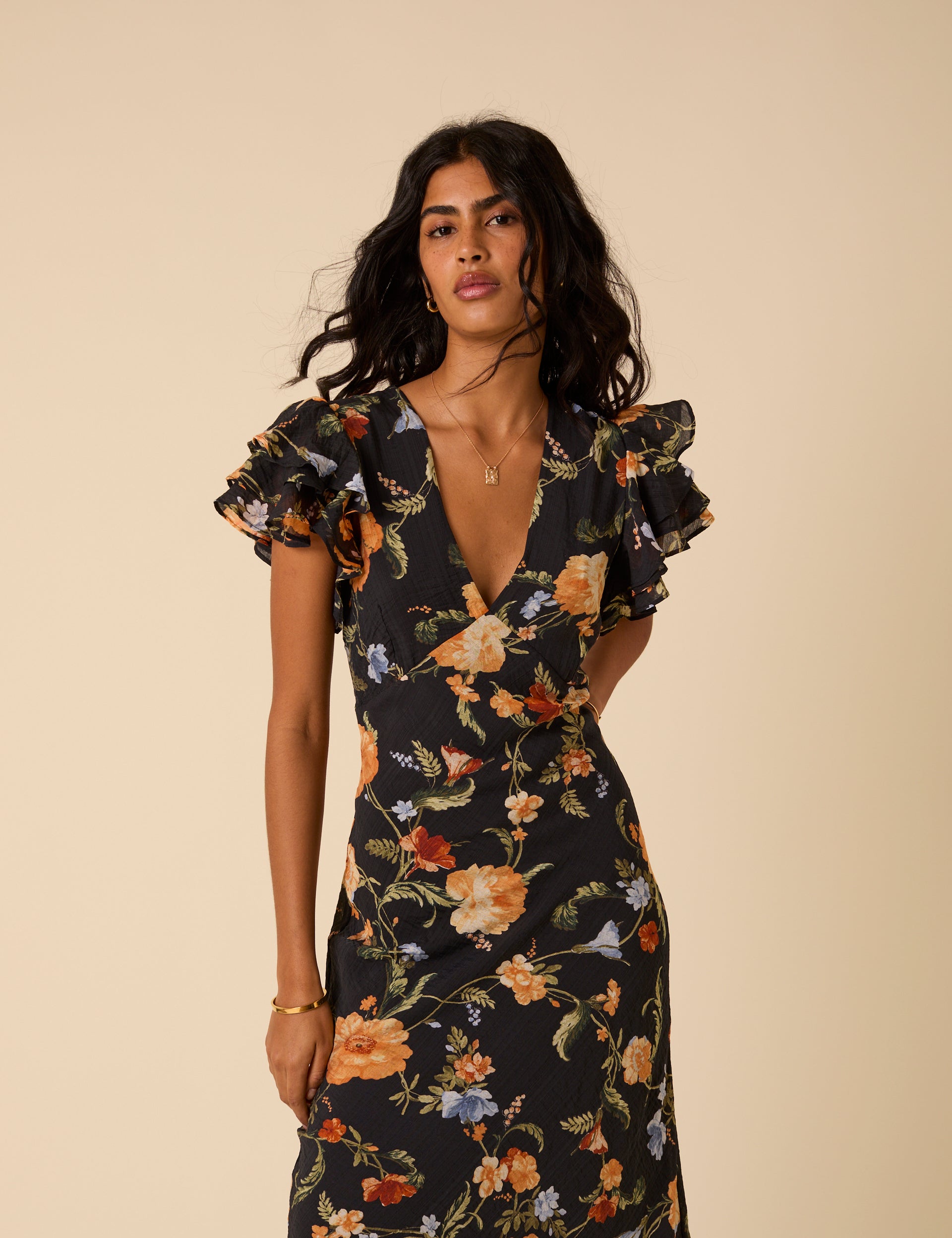 Layla Midi Dress, Black Floral Print image 1