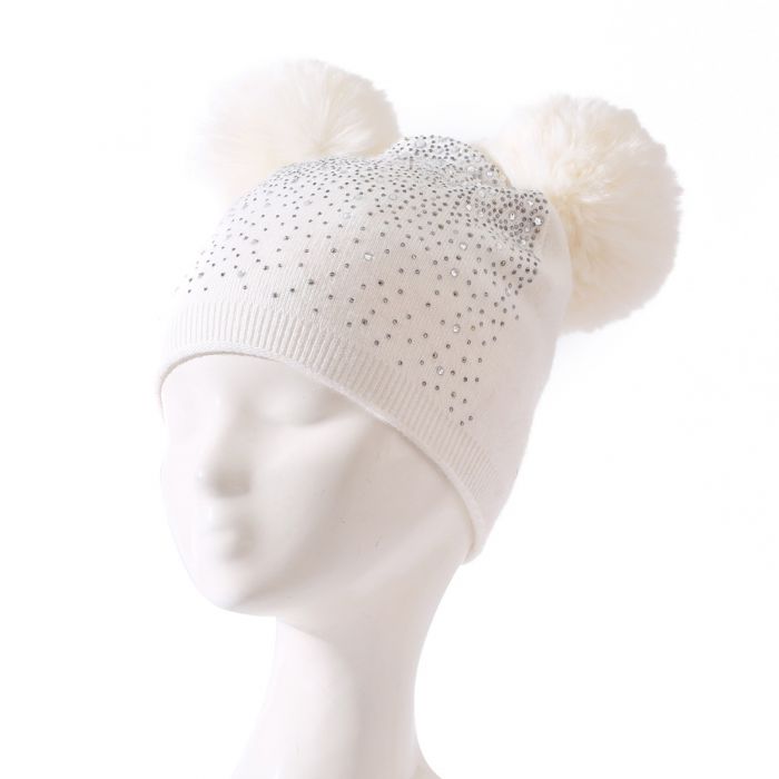 Sequin Double Pompom Hat, Cream image 1