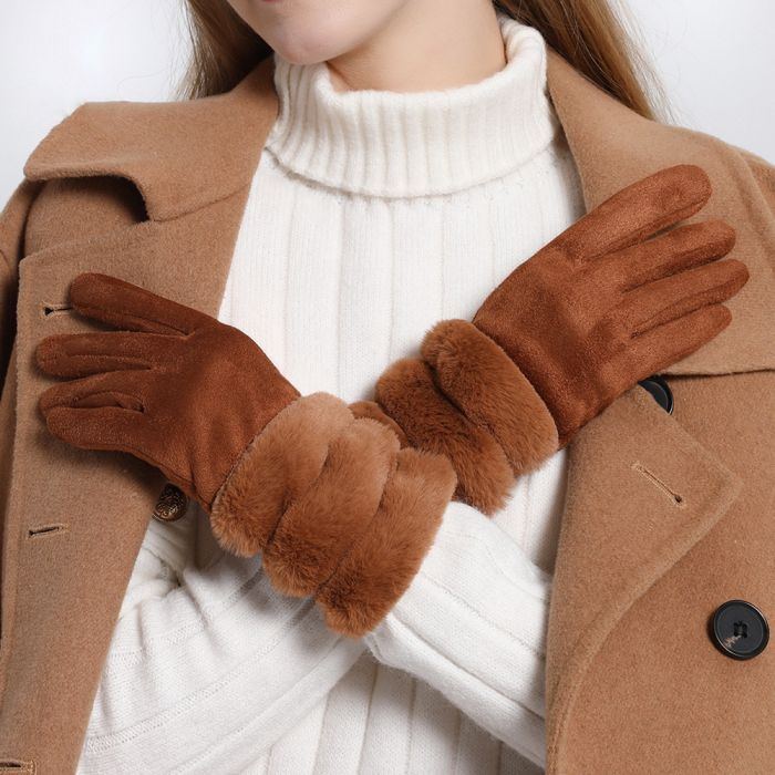 Suede & Faux Fur Gloves, Tan image 1