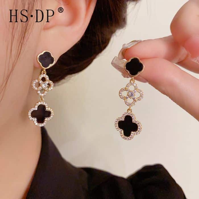 Four Petals Crystal-Edged Jewelled Earrings, Black image 3
