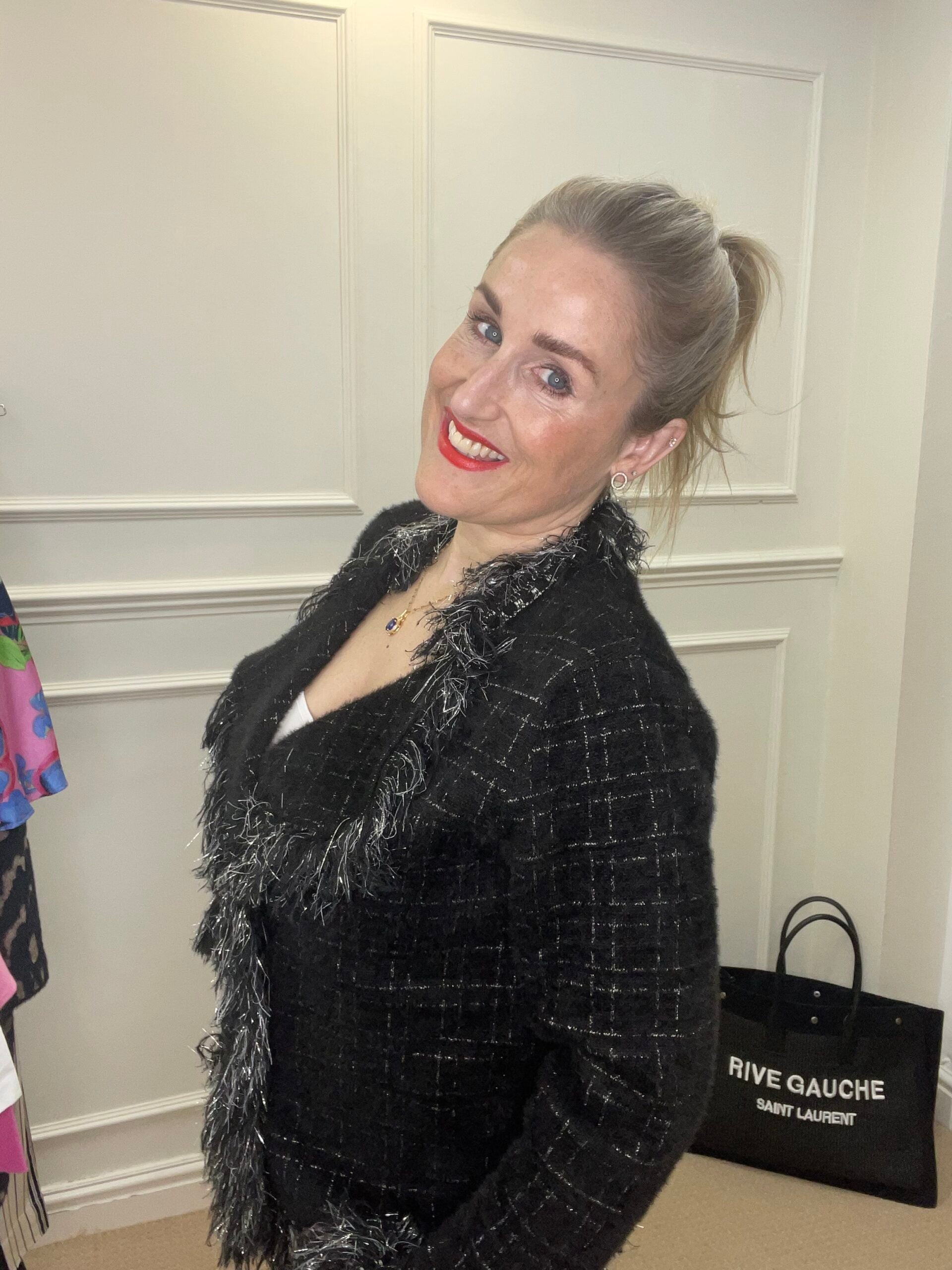 Classic Tweed Fringed Cardigan, Black image 2
