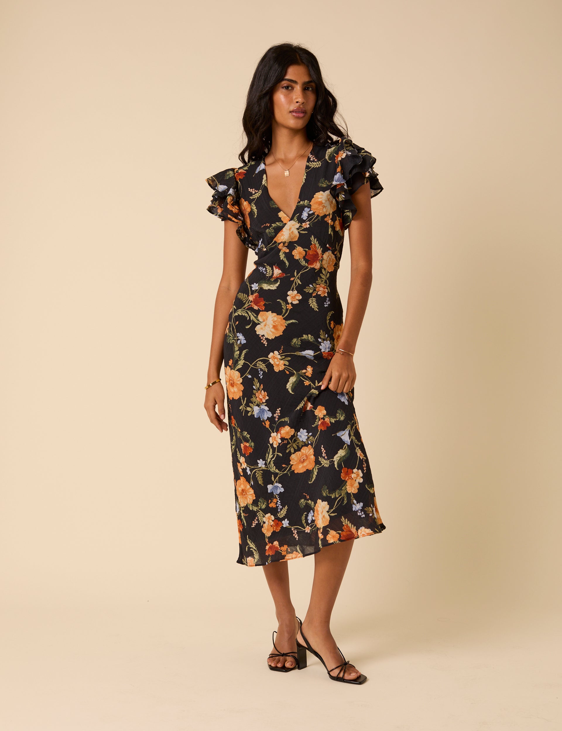 Layla Midi Dress, Black Floral Print image 0