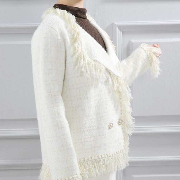 Classic Tweed Fringed Cardigan, Ivory image 4