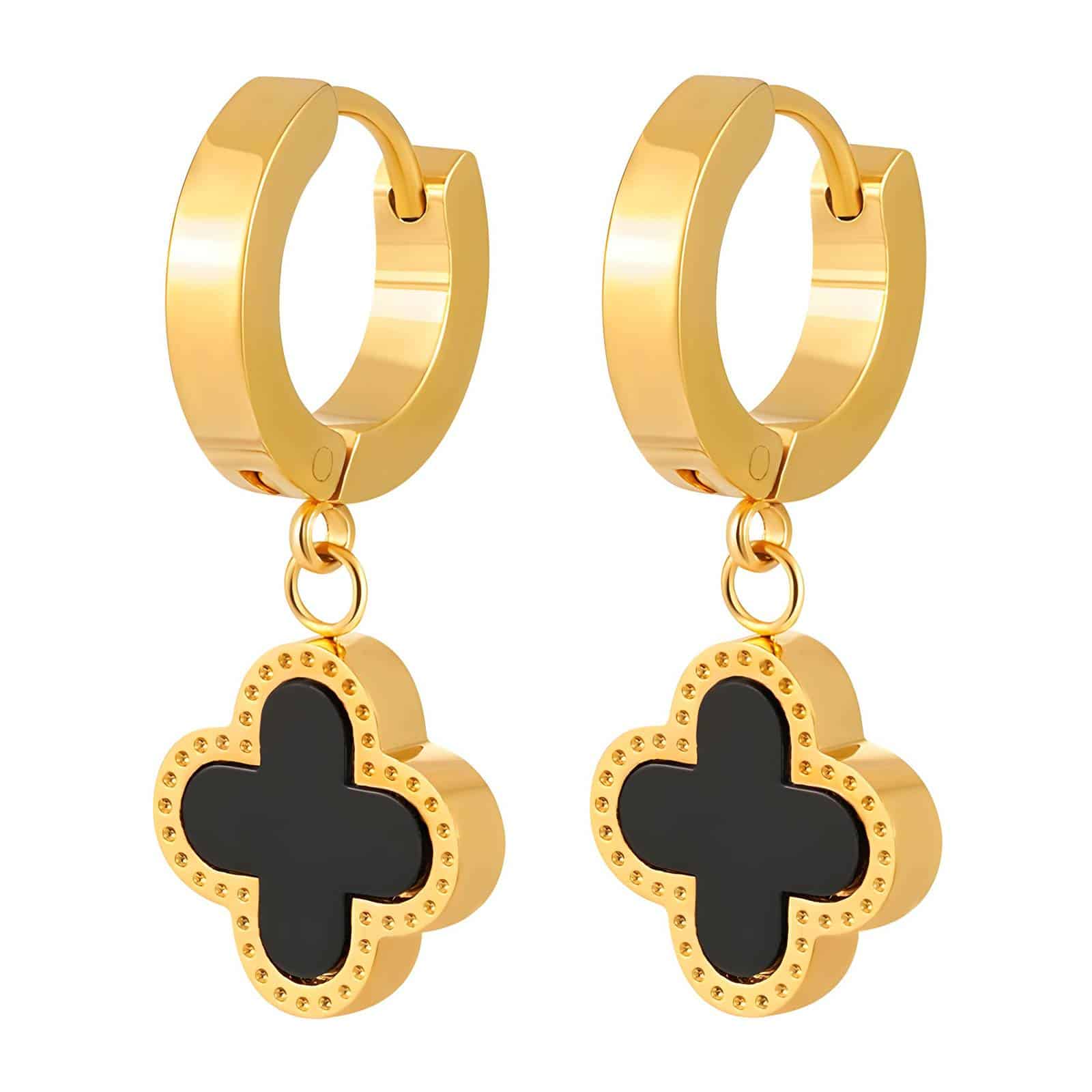 Gold-plated Clover Earrings, Black image 0