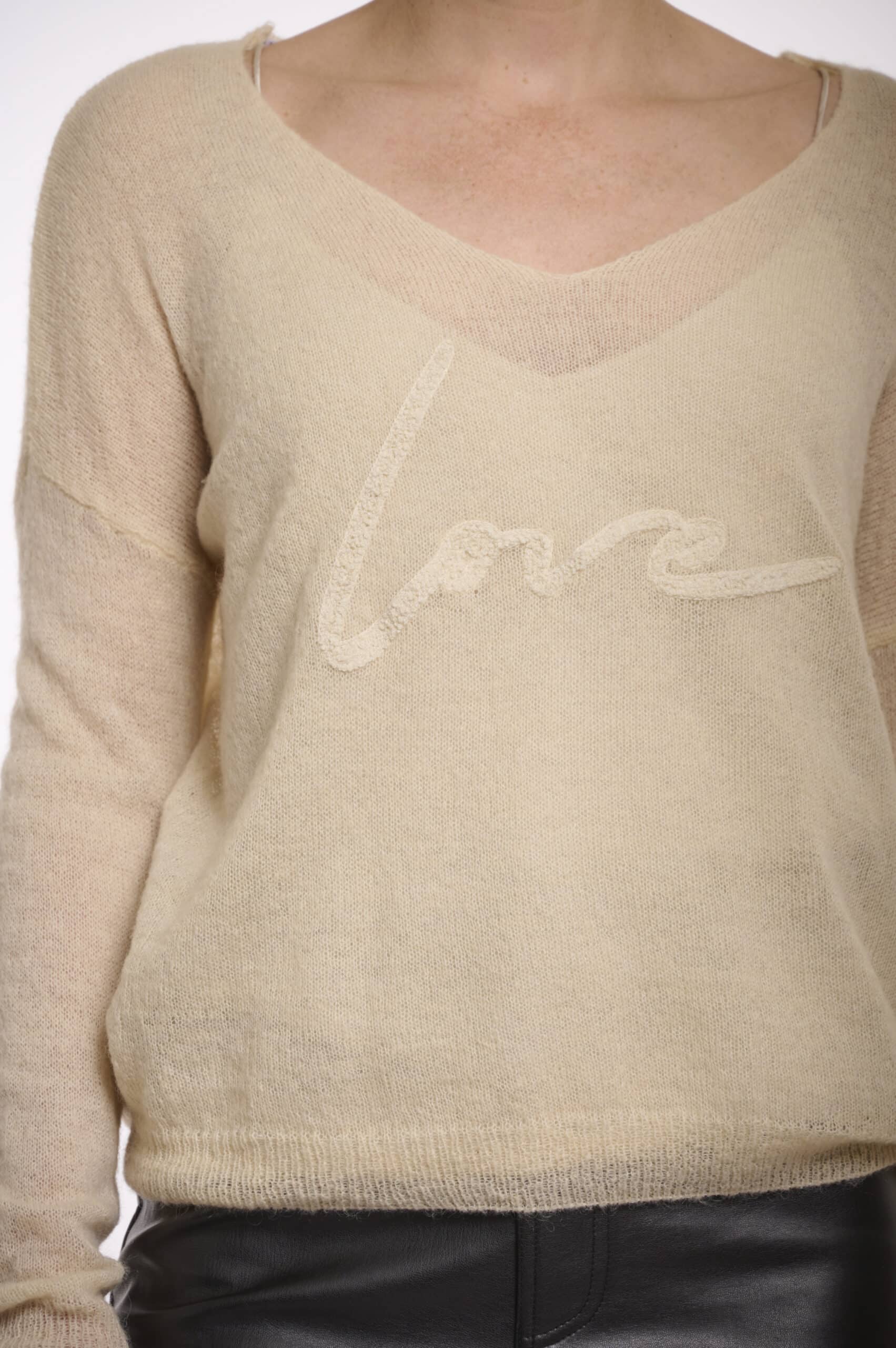 V-Neck 'Love' Embroidered Top, Cream image 2
