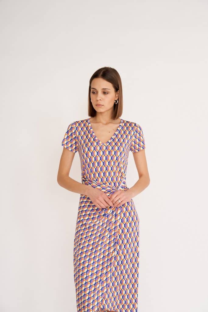 Antonella Wrap Effect Midi Dress, Mosaic in Purple and Orange print image 4