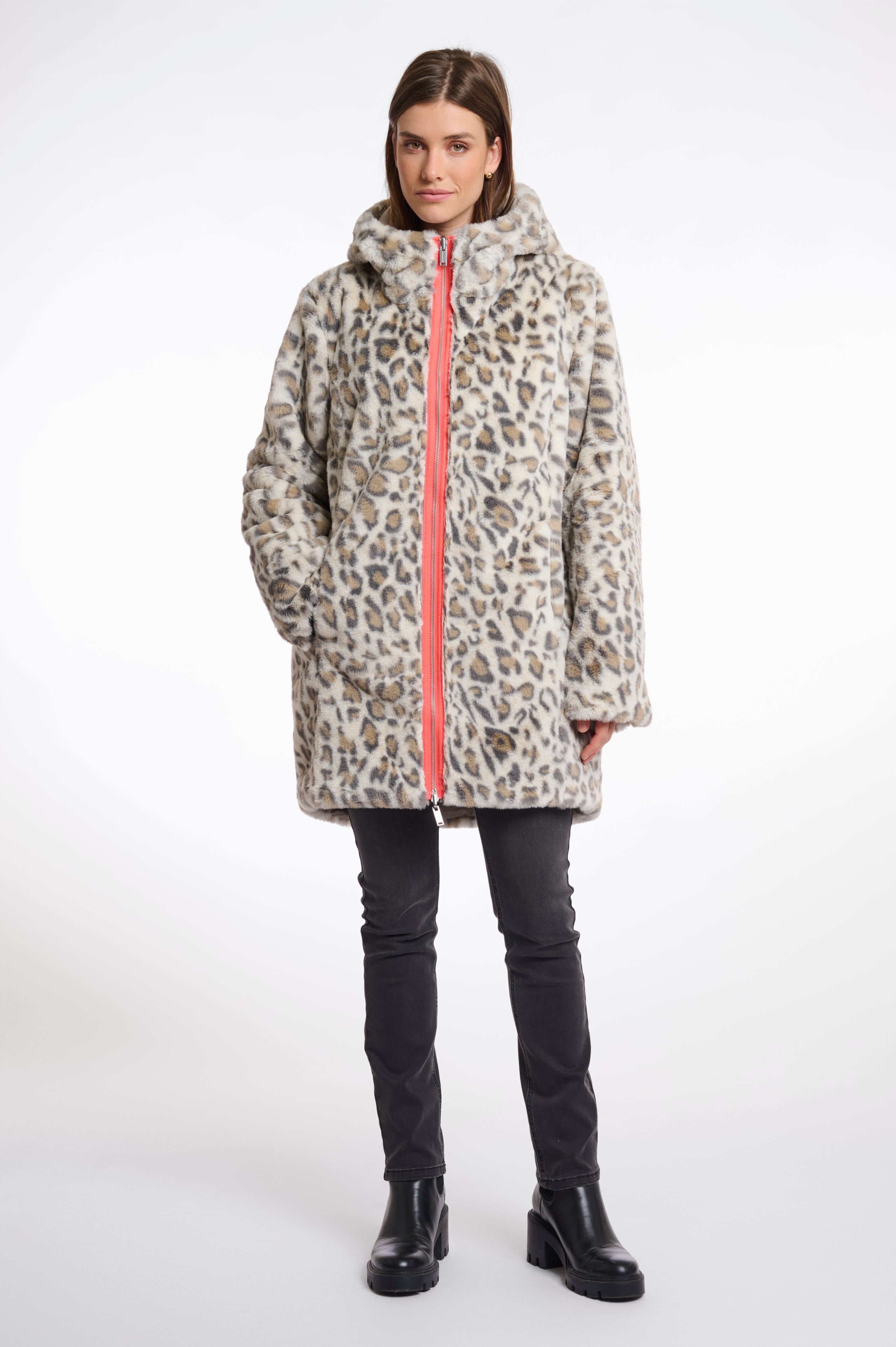 Javin Reversible Hooded Coat with Faux Fur Lining, Light Pebble and Leopard image 1