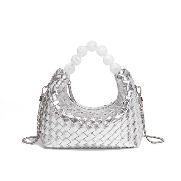 Woven Tote Bag with Beaded Handle, Silver image 0