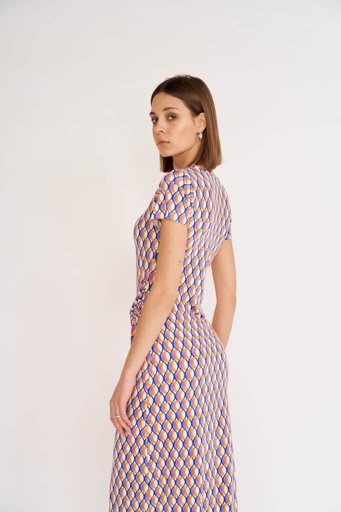 Antonella Wrap Effect Midi Dress, Mosaic in Purple and Orange print image 2