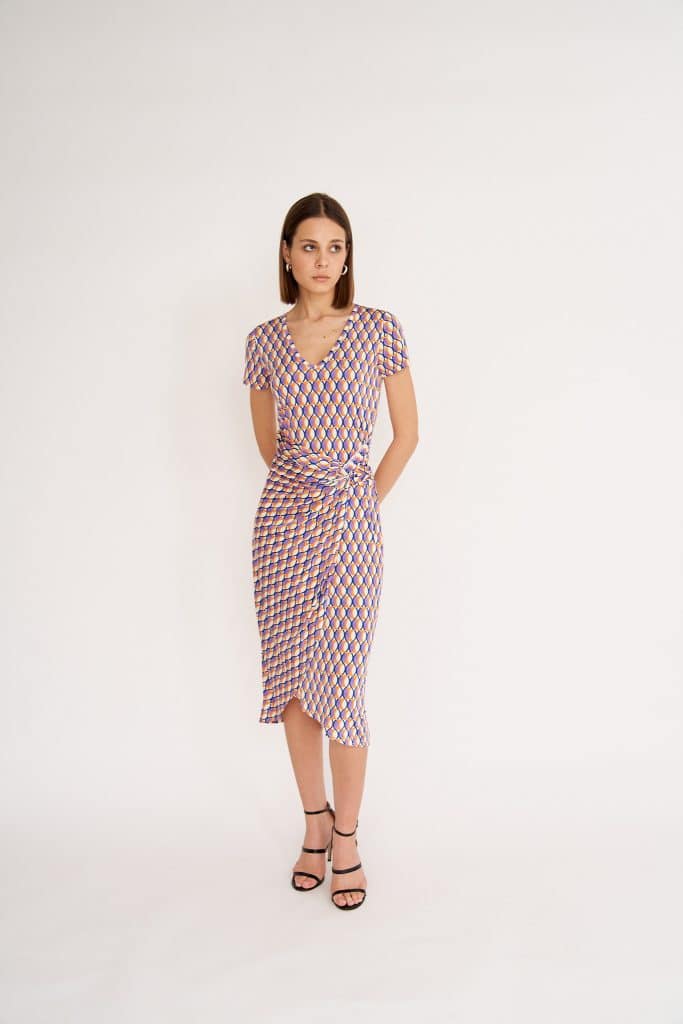 Antonella Wrap Effect Midi Dress, Mosaic in Purple and Orange print image 3
