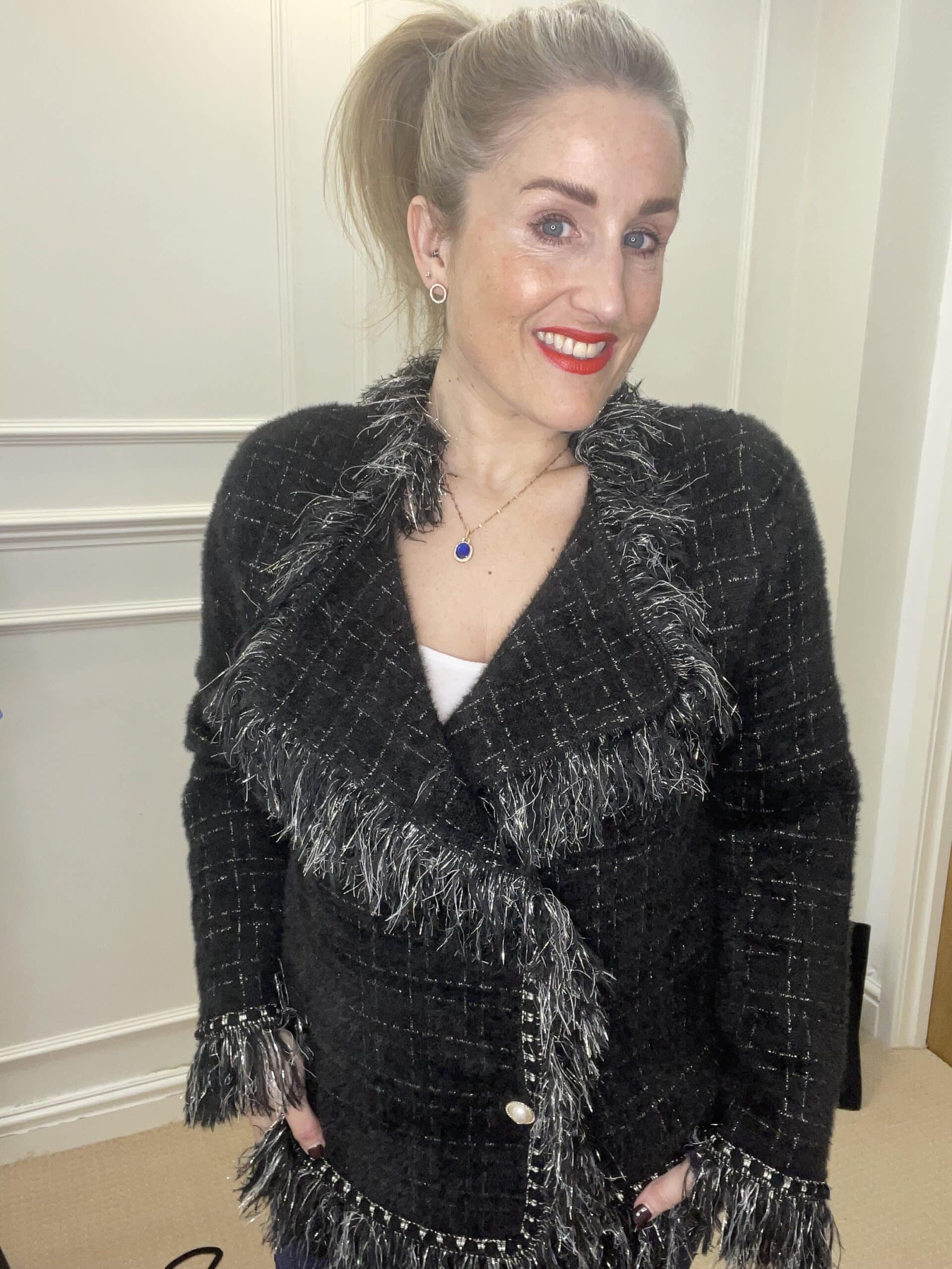 Classic Tweed Fringed Cardigan, Black image 0