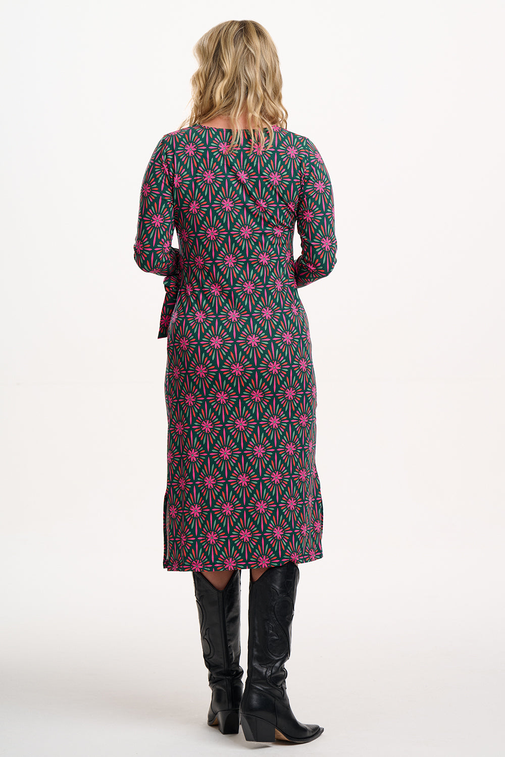 Claudia Jersey Tie Midi Dress, Green/Multi, Flower Explosion image 3