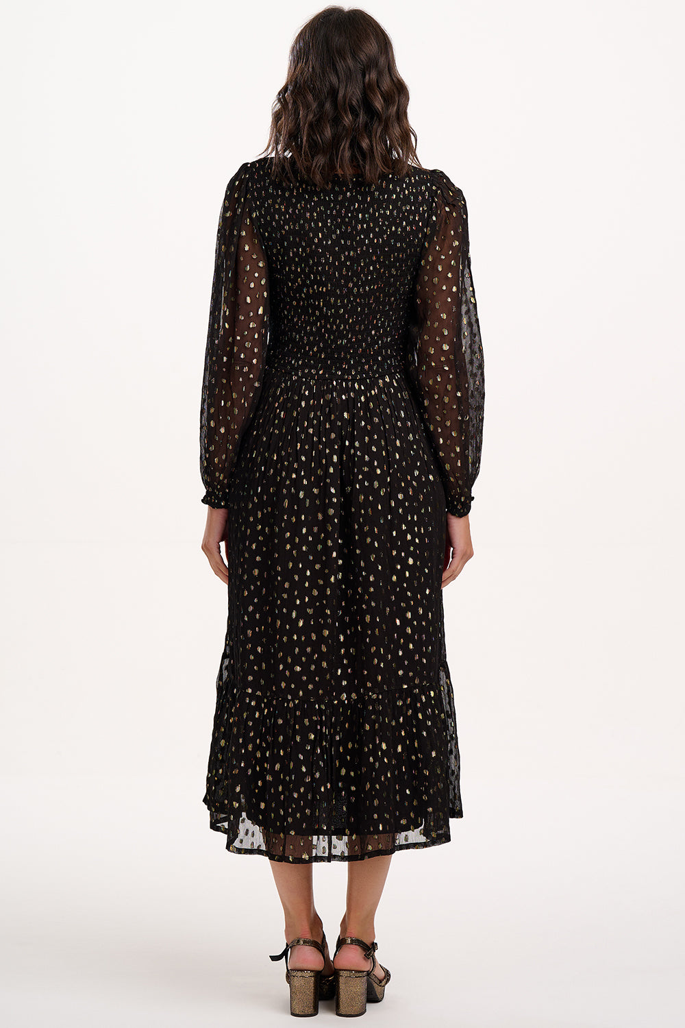 Jacqueline Shirred Midi Dress, Black, Metallic Spot image 3