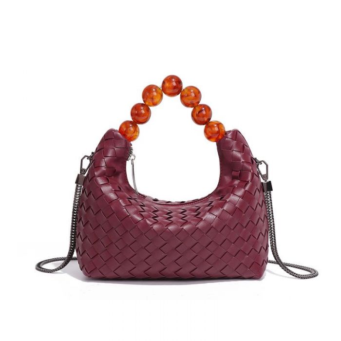 Woven Tote Bag with Beaded Handle, Wine image 0