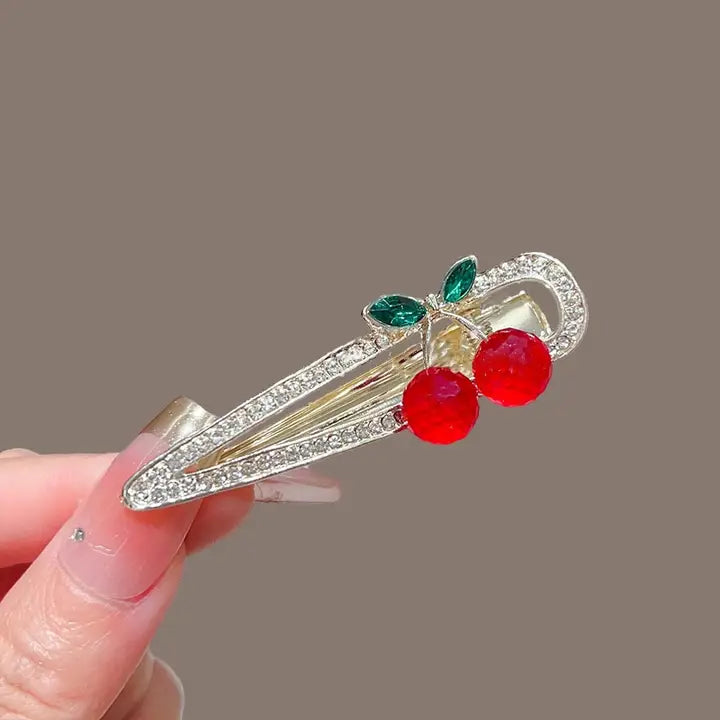 Cherries Rhinestone Hair Clip, Red & Green & Gold image 0
