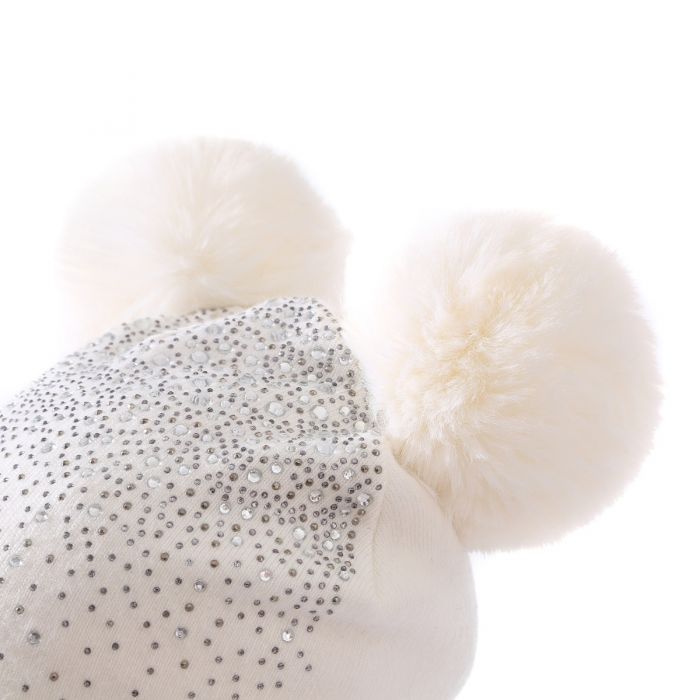 Sequin Double Pompom Hat, Cream image 3