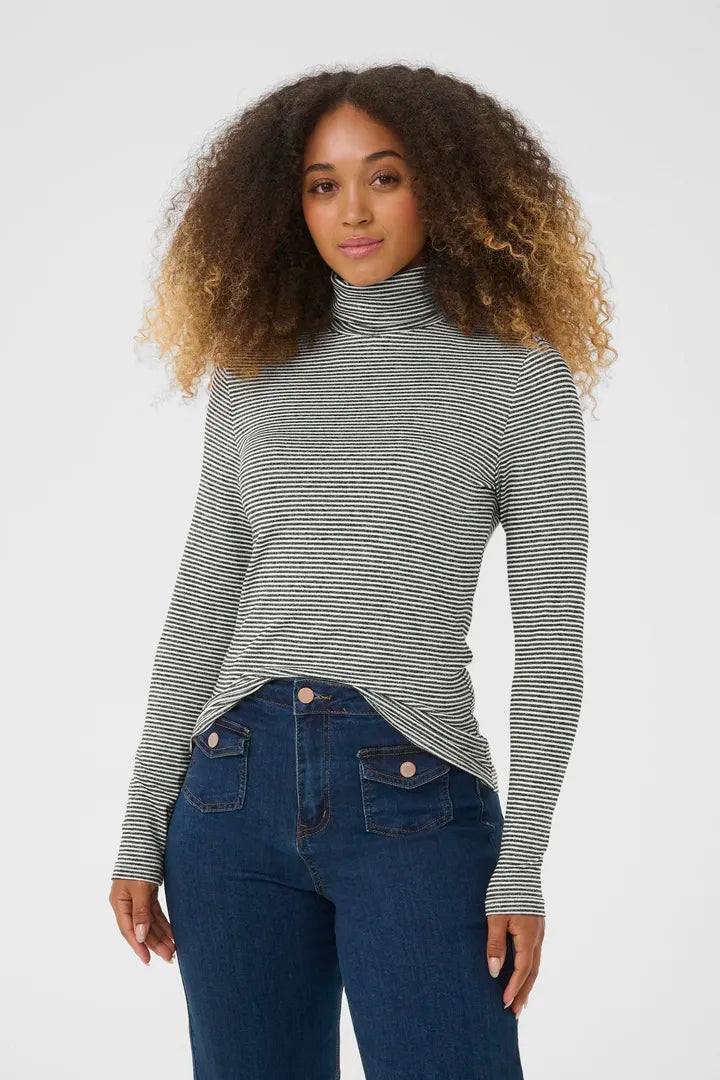 Amma Long Sleeve Rollneck Tee Shirt, Black and White Stripe image 0