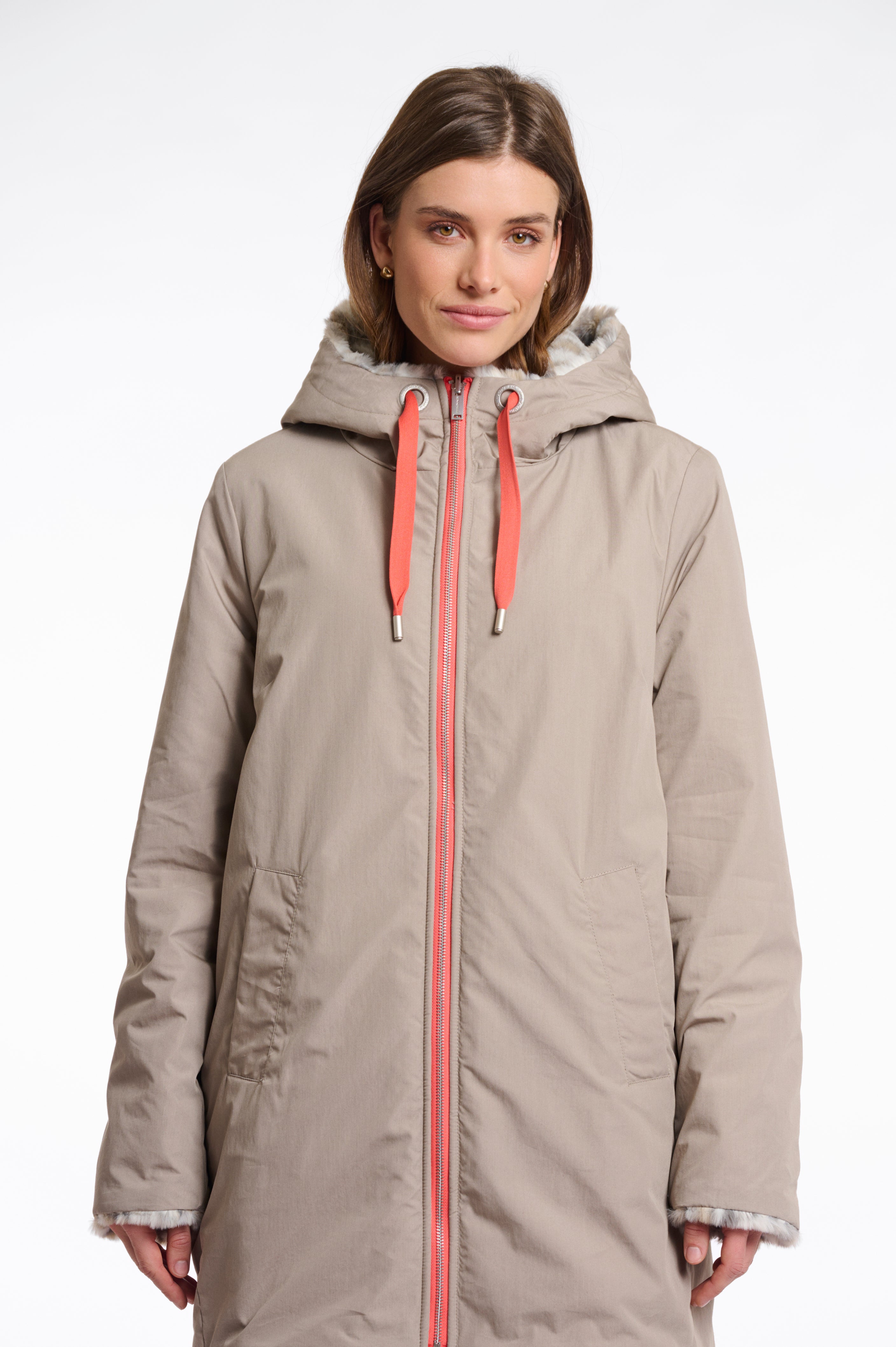 Javin Reversible Hooded Coat with Faux Fur Lining, Light Pebble and Leopard image 2