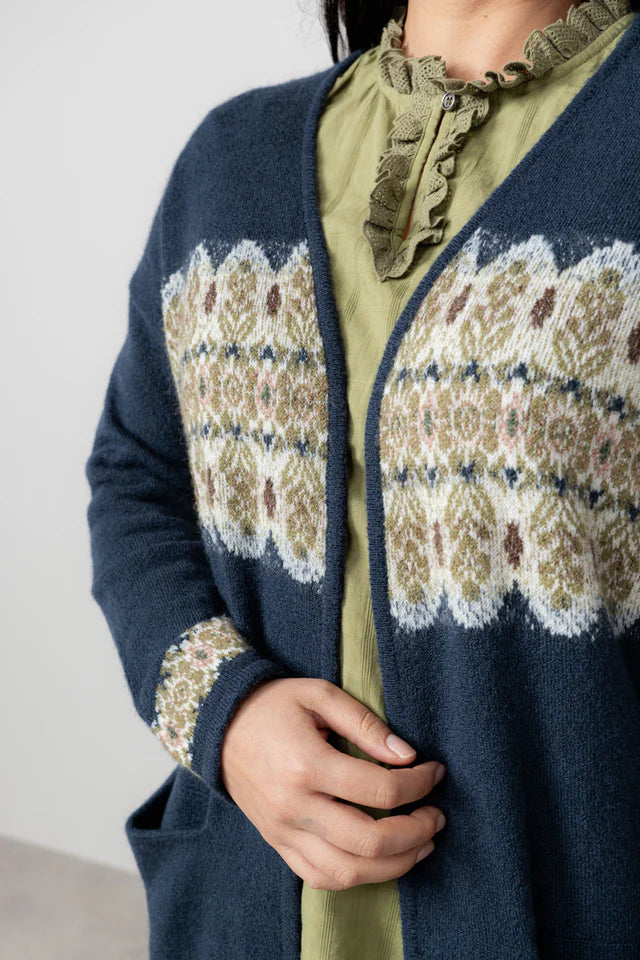 Fair Isle Longline Cardigan, Navy image 2