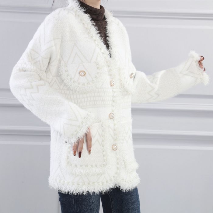 V Neck Cardigan, Cream image 3